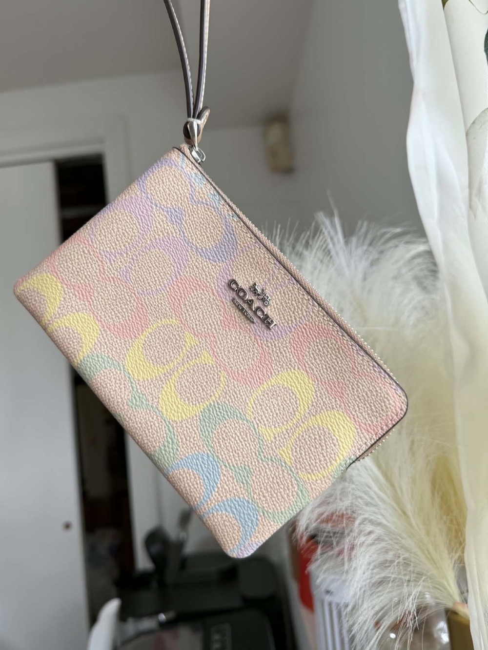 Coach Corner Zip Wristlet In Rainbow Signature Canvas Pink & Yellow